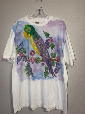 Vintage 90s Whimsical Tropical Parrot T Shirt hand painted cottagecore granny